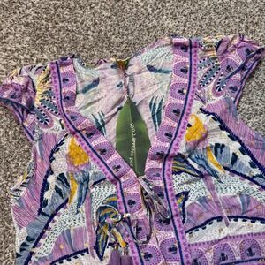 FARM Rio Large Macaw Parrot Print Kimono Style Blouse Butterfly Sleeve Purple